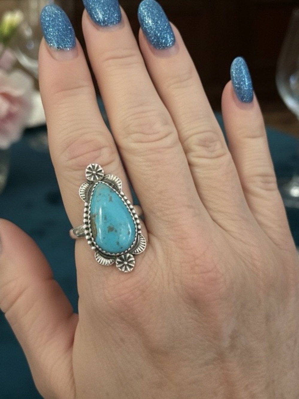 Sterling Silver genuine, Kingman Turquoise Teardrop Ring - Turquoise Blue - Picture 6 of 7